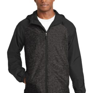 Sport-Tek® Heather Colorblock Raglan Hooded Wind Jacket. JST40