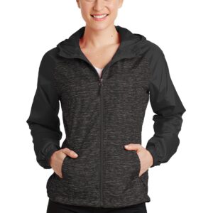 Sport-Tek® Ladies Heather Colorblock Raglan Hooded Wind Jacket. LST40